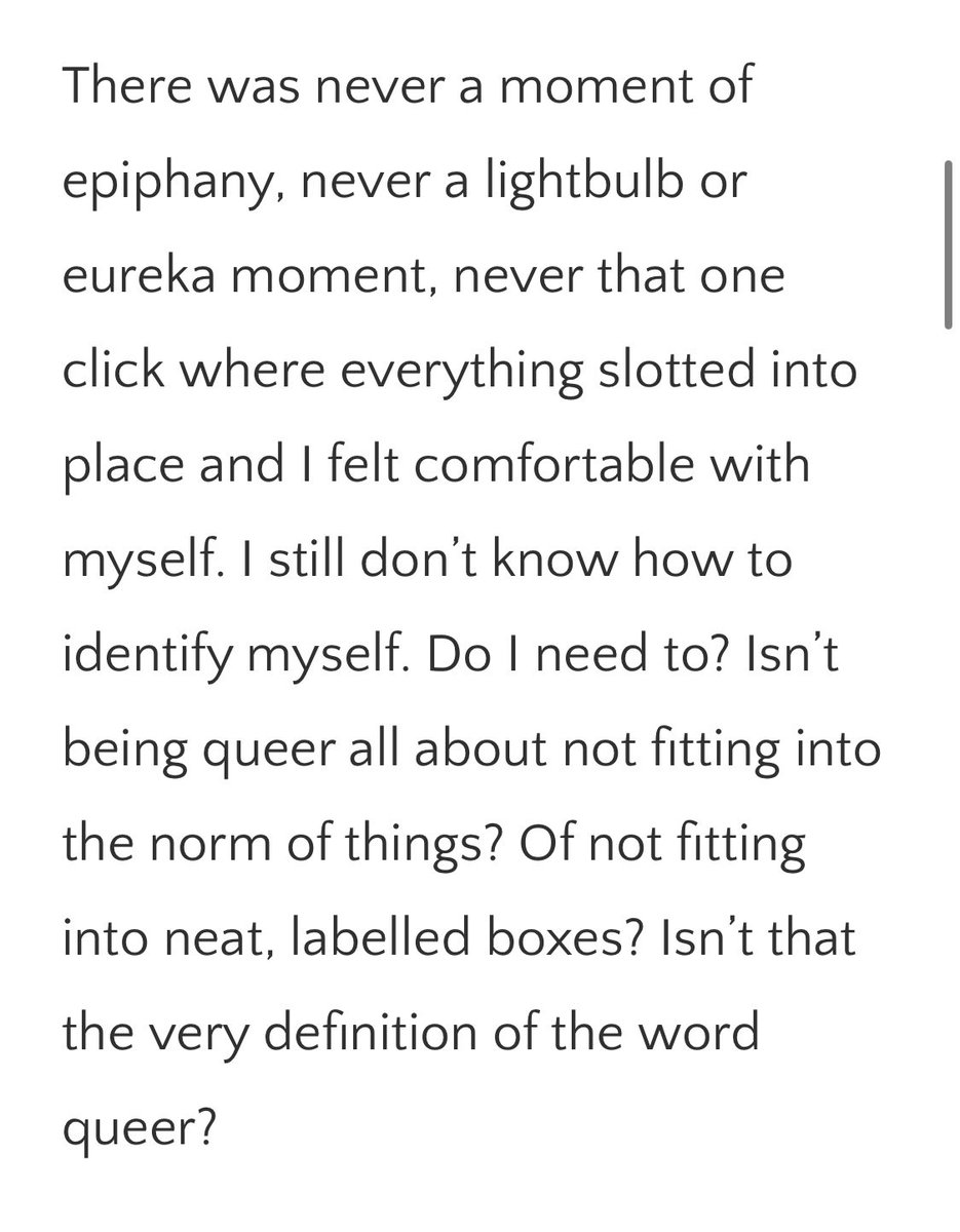 rakshitaphilip's tweet photo. It's ironic how the only settings where people seem to focus on my sexual orientation and pronouns are at queer gatherings, which are meant to celebrate breaking free from living in boxes and closets.

Meanwhile, the excerpt is from this beautiful piece about love and labels 🖤 https://t.co/WBfwFYv2nA