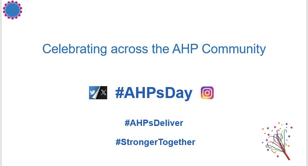 Happy #AHPsDay to all the amazing #AHPs out there! 🎉🥳

We're so grateful for your dedication, hard work, and expertise. You make a real difference to the people &amp; communities across health &amp; care services every day.

Have a FABULOUS day all of you #AHPCommunity 🌟

#AHPsDeliver