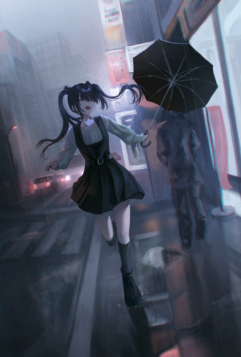umbrella 1girl twintails rain holding umbrella black hair long hair  illustration images