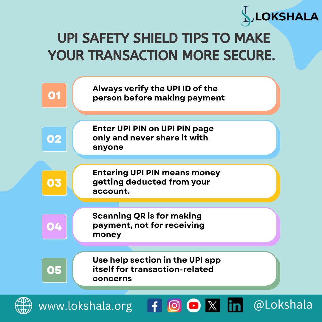 UPI Safety Shield Tips to make your transaction more secure.
Follow @lokshala for more.
#lokshala #financialliteracy #moneymatters #facts #moneywise #cybercrime #frauds #cyberfrauds
#UPISafety #SecureTransactions #StayAlert #upitransactions #upi