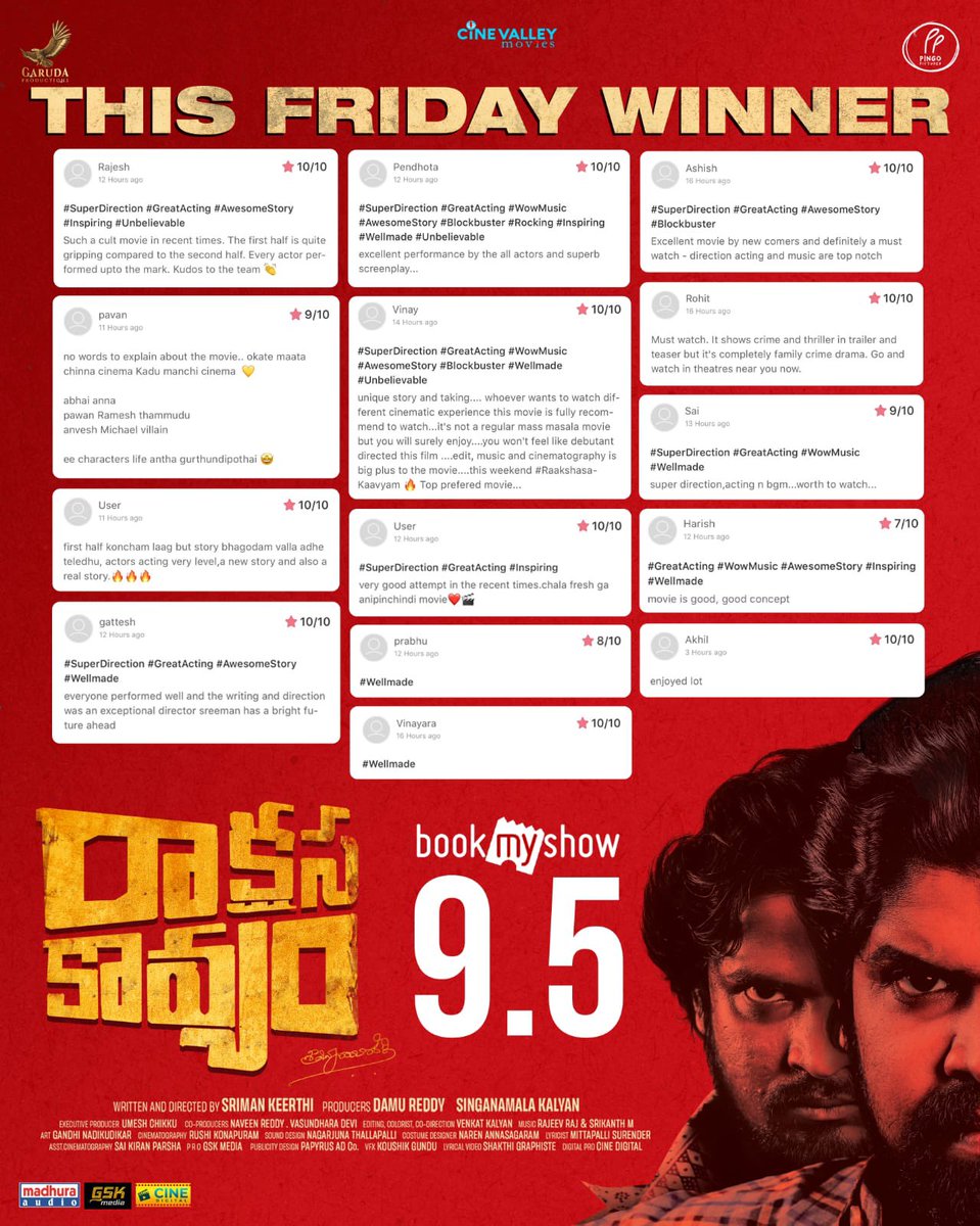 pudiharicharan's tweet photo. THIS FRIDAY WINNER #RaakshasaKaavyam 💥🙌

Watch the *MADDEST FILM OF THE YEAR* at your nearest CINEMAS 🥁

Book your tickets now  🎟 - https://t.co/5QQvrRBo0b

 #GarudaProductions
 #PingoPictures 
#CinevalleyMovies

@abhainaveen @daya4feb @SrimanKeerthi @damukosnam @AnveshMichael @MadhuraAudio