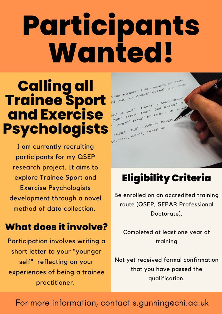 I am still looking to recruit participants exploring Trainee Sport Psychologists experiences and development using a 'Letter to your younger self'. The writing of the letter shouldn't take much longer than 30 minutes. To take part you can follow this link forms.gle/DDXGBCVcJpJVYx…