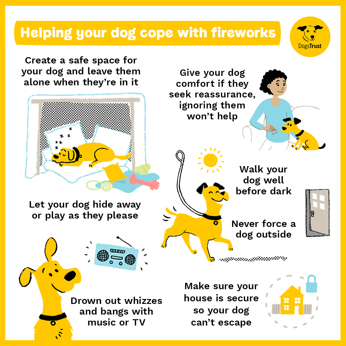 👉 It's not always easy for dogs during fireworks season, but there are ways to help them stay relaxed and secure. Get ready ahead of time and swipe to see our top tips to help them cope 💛