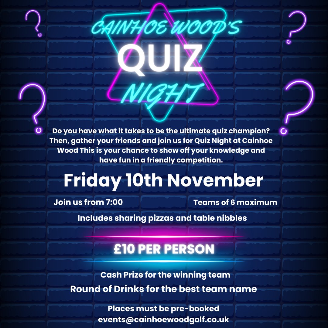 ❔Cainhoe Quiz Night ❔

After last week's start to quiz season - our next event is on the 10th of November 👏

Email us at events@cainhoewoodgolf.co.uk for more information and to book your team in now!