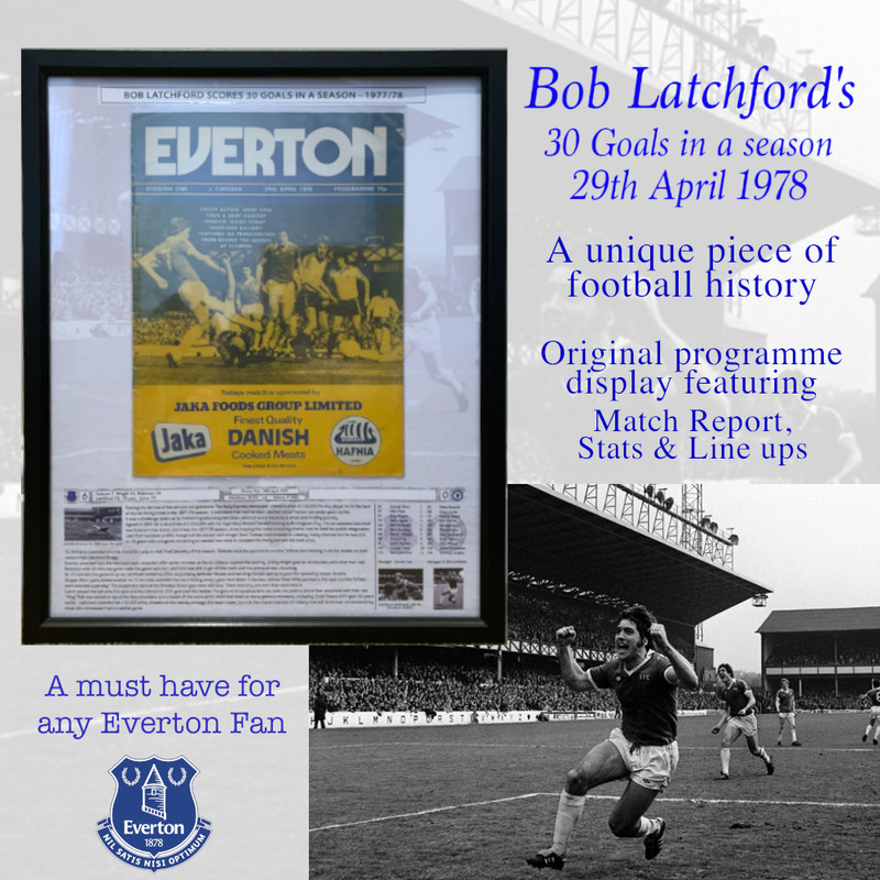 watergate99's tweet photo. A framed  Everton display v Chelsea 29th April 1978 
This unique display celebrates  Bob Latchford scoring his 30th goal &amp; winning the £10,000 Daily Express challenge.
Featuring the rare original programme, a unique match report, stats, images &amp; line up.
https://t.co/NJmWp4uh9r https://t.co/Xe8m2vvD7P