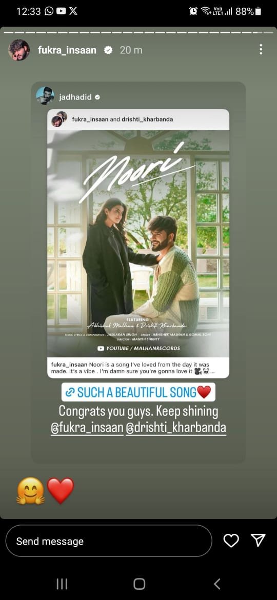 #JadHadid showers praise on #AbhishekMalhan and #DrishtiKharbanda for their mesmerizing song '#Noori.'