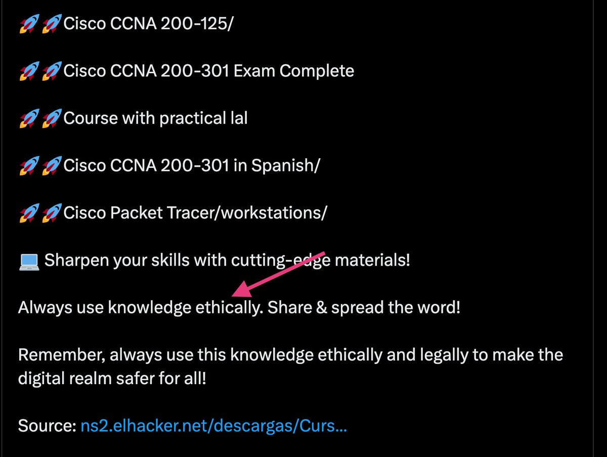 Someone just shared a substantial collection of cybersecurity training content that has been distributed illegally, which includes courses on 'Ethical Hacking,' and he's encouraging his followers to use this knowledge 'ethically.' The irony couldn't be more pronounced.