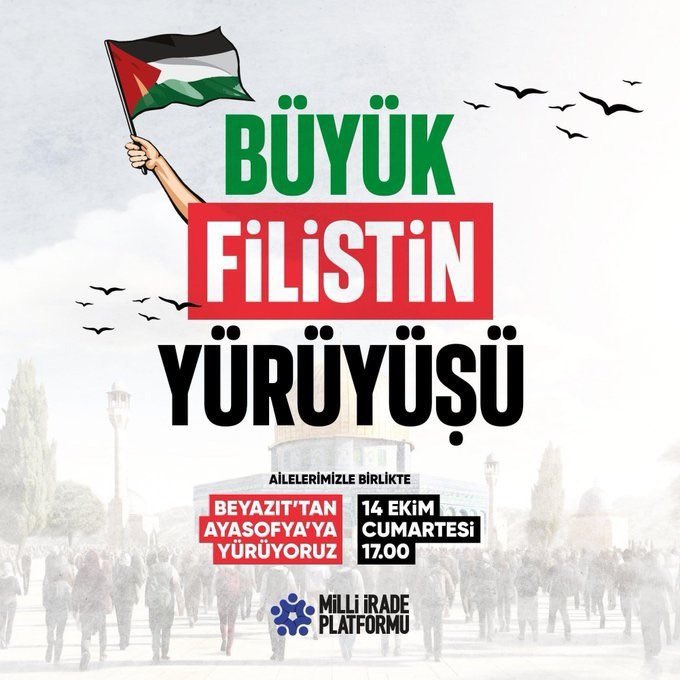 İstanbul’da Beyazıt’tan Ayasofya’ya. Büyük Filistin Yürüyüşü 14 Ekim Cumartesi 17:00
🇹🇷🇵🇸
#FreeGaza #Palestine #FreePalestine #BüyükFilistinYüyürüşü