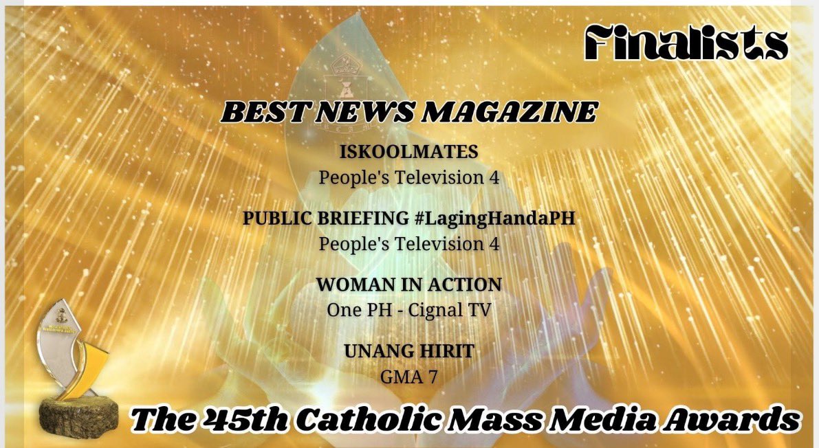 jovefrancisco's tweet image. Four @CignalTV programs made it as #CMMA finalists: 

The Chiefs (One News) 
One Balita Pilipinas Tanghali (OnePH)
Tuloy Po Kayo (One News/OnePH)
Woman in Action (One News/OnePH)

Thanks, CMMA! Catholic Mass Media Awards

Proud of the teams behind these programs. Good job guys!👌