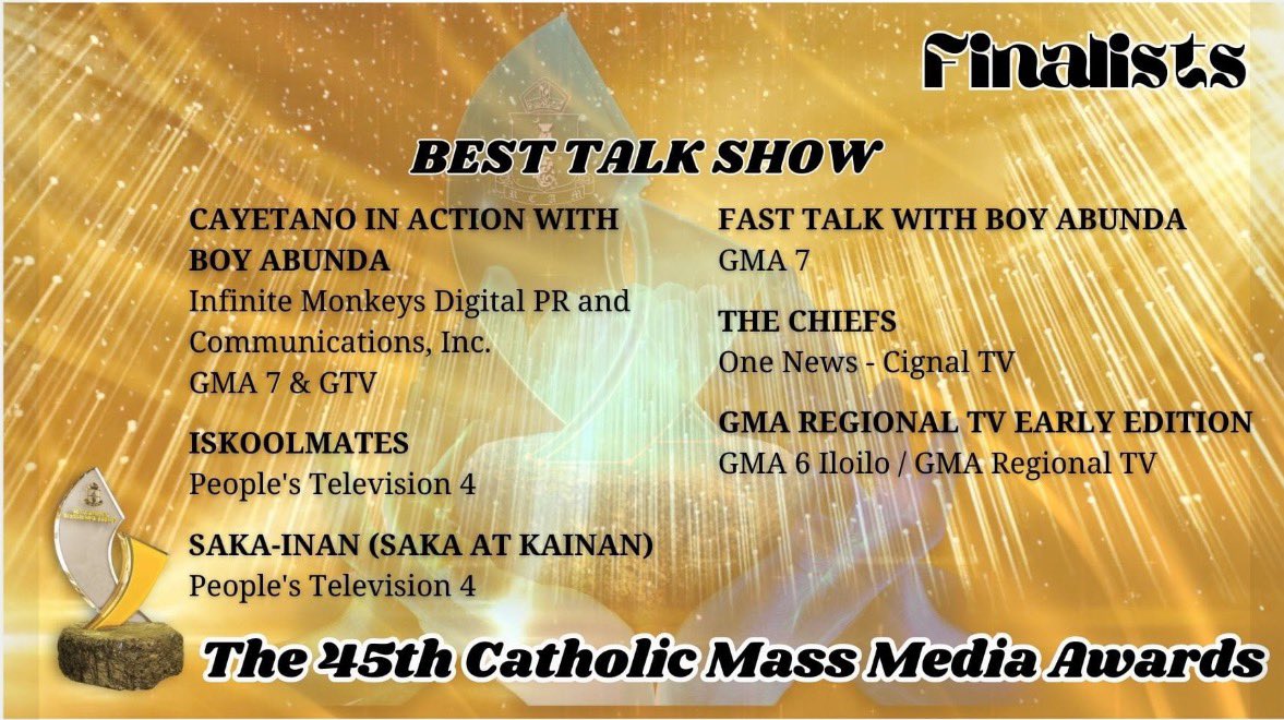 jovefrancisco's tweet image. Four @CignalTV programs made it as #CMMA finalists: 

The Chiefs (One News) 
One Balita Pilipinas Tanghali (OnePH)
Tuloy Po Kayo (One News/OnePH)
Woman in Action (One News/OnePH)

Thanks, CMMA! Catholic Mass Media Awards

Proud of the teams behind these programs. Good job guys!👌