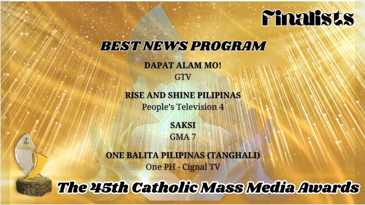 jovefrancisco's tweet image. Four @CignalTV programs made it as #CMMA finalists: 

The Chiefs (One News) 
One Balita Pilipinas Tanghali (OnePH)
Tuloy Po Kayo (One News/OnePH)
Woman in Action (One News/OnePH)

Thanks, CMMA! Catholic Mass Media Awards

Proud of the teams behind these programs. Good job guys!👌