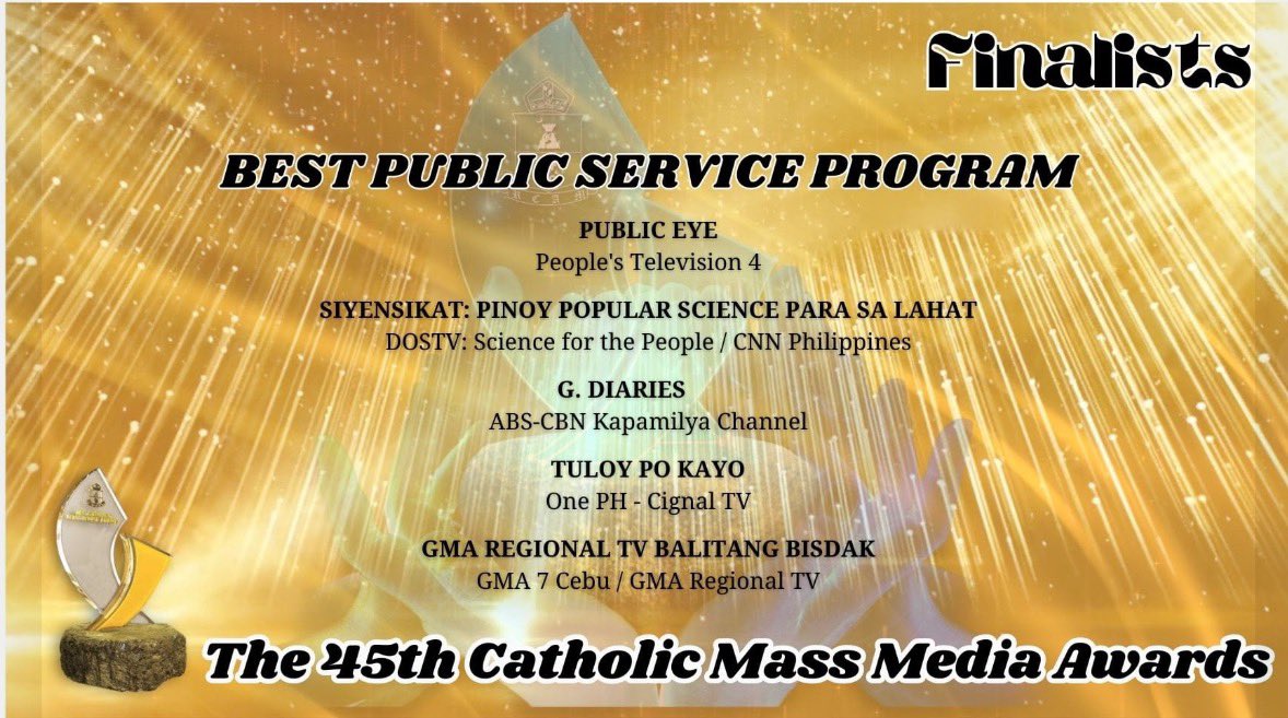 jovefrancisco's tweet image. Four @CignalTV programs made it as #CMMA finalists: 

The Chiefs (One News) 
One Balita Pilipinas Tanghali (OnePH)
Tuloy Po Kayo (One News/OnePH)
Woman in Action (One News/OnePH)

Thanks, CMMA! Catholic Mass Media Awards

Proud of the teams behind these programs. Good job guys!👌