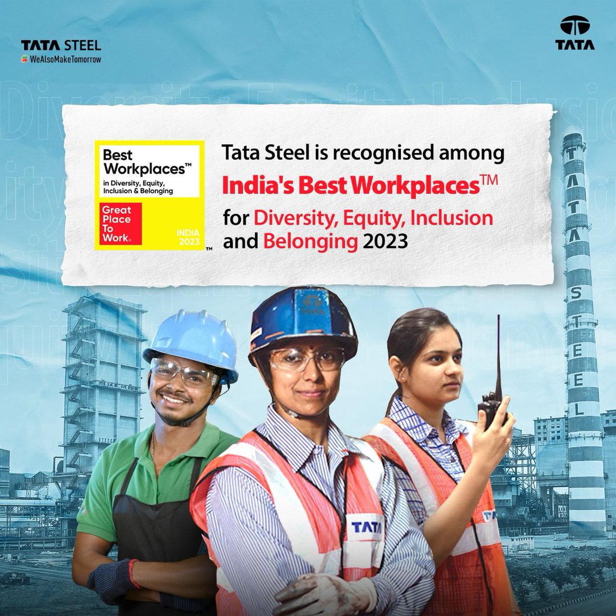 TataSteelLtd's tweet photo. We're proud to be recognised among India's Best Workplaces™ for #diversity, #equity, #inclusion & #belonging in 2023. We're forging a future where everyone feels valued and differences are warmly embraced.
#TataSteel #BestWorkplaces #TomorrowIsUs https://t.co/sVmGuZlyKL