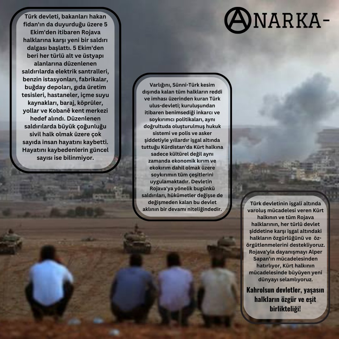 AnarkaDergi's tweet photo. "Türk devletinin işgali altında varoluş mücadelesi veren Kürt halkının ve tüm Rojava halklarının, her türlü devlet şiddetine karşı işgal altındaki halkların özgürlüğünü ve  öz-örgütlenmelerini destekliyoruz. Rojava'yla dayanışmayı 
+ https://t.co/fF7MGt6oKp