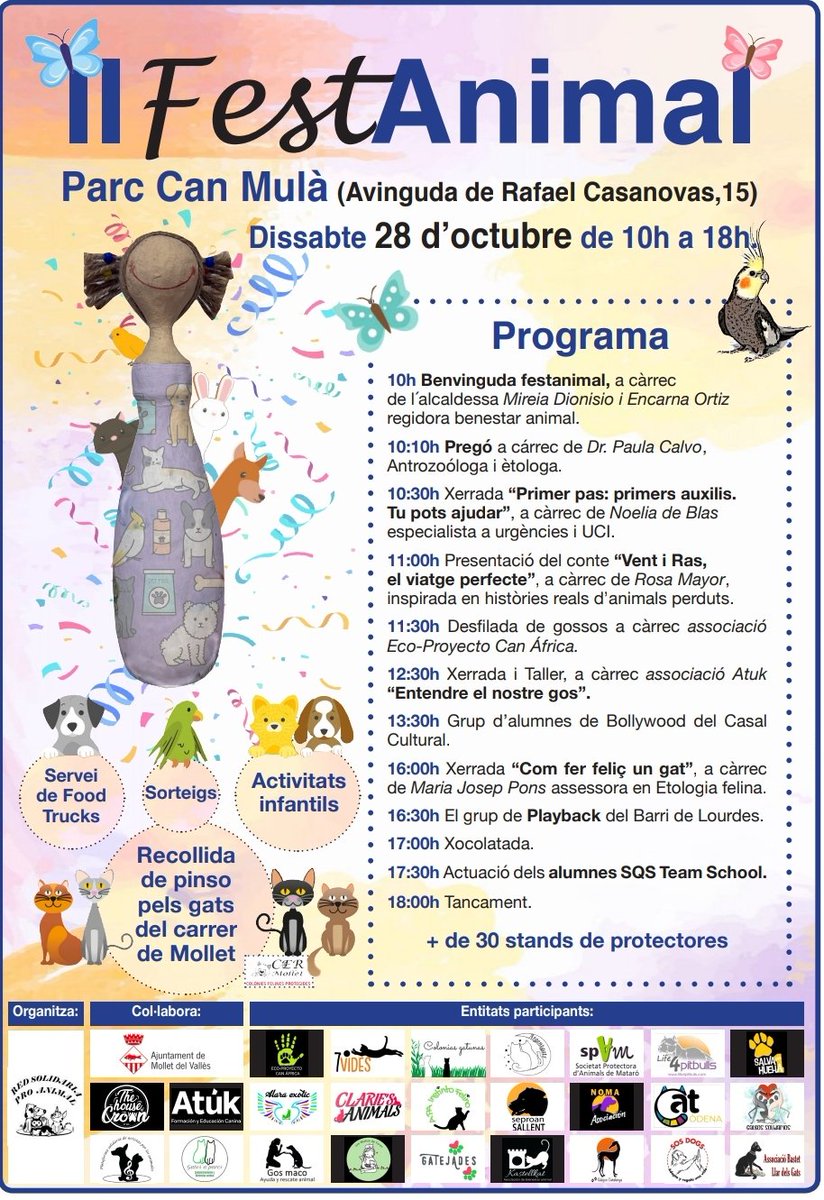 📢 🐾II FESTANIMAL🦋

📆  28/10/2023

📍 Parc de Can Mulà, Mollet del Vallès 
De 10 a 18h  
Os esperamos 😻😻
Un gran día para todos los que amamos los animales 💜
<a href="/radiomollet963/">Ràdio Mollet 96.3 FM</a>
<a href="/ajmollet/">Ajuntament de Mollet del Vallès</a> <a href="/molletama/">molletama.cat</a>
