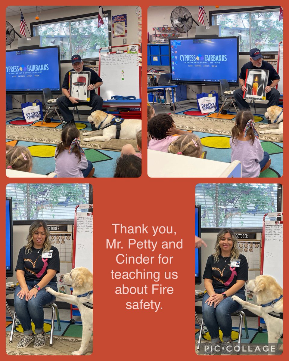 Officer Tom Petty with the HCFM and his fire dog Cinder educating Pre-K on fire safety. We love when Cinder comes to visit! #FireSafety #firedog #prek @CFISDELC1 @CFISDELCS