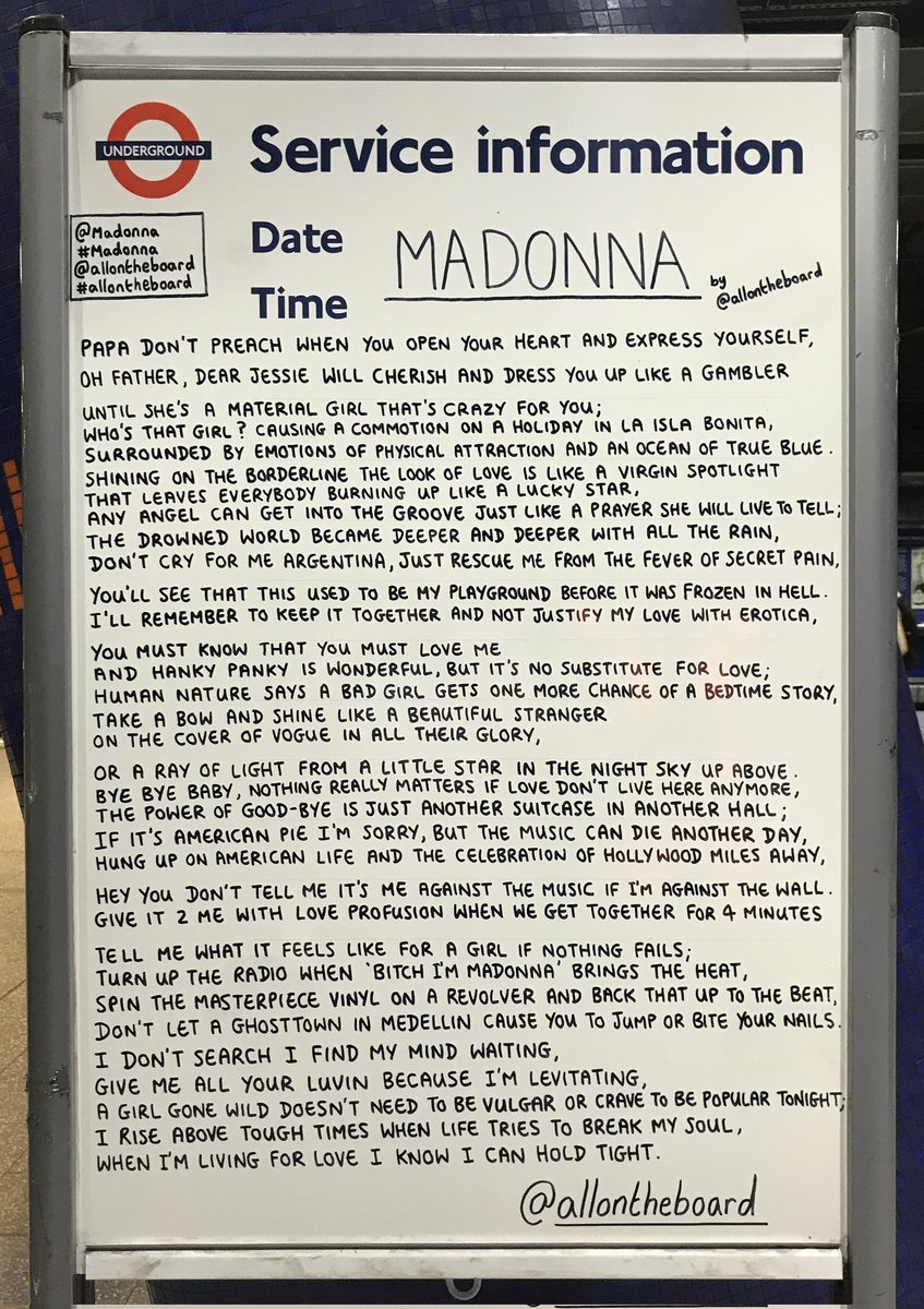It’s time to celebrate with the one &amp; only <a href="/Madonna/">Madonna</a>. The Queen of Pop has arrived at <a href="/TheO2/">The O2</a> with ‘The Celebration Tour’ and will be performing for six legendary nights.
The Madonna poem by <a href="/allontheboard/">All On The Board</a> is on display at North Greenwich station.

#Madonna #MadonnaCelebrationTour