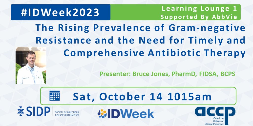 Be sure to check out Dr. <a href="/Bruce_M_Jones/">Bruce M. Jones</a> as he discusses GN resistance &amp; the need for optimal &amp; timely antibiotics! Today at 1015am in Learning Lounge 1 at <a href="/IDWeekmtg/">IDWeek</a> #IDWeek2023