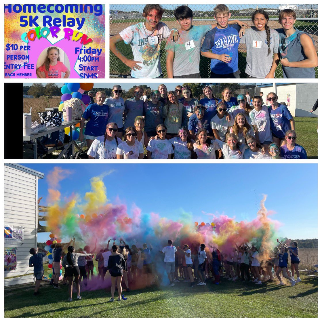 A colorful look at the Lakelyn’s Legacy Homecoming 5K Color Run, where proceeds support The Cure Starts Now.
#LakelynStrong 💗💪
#HOCOWeek2023 
#TheCureStartsNow 
@CureStartsNow