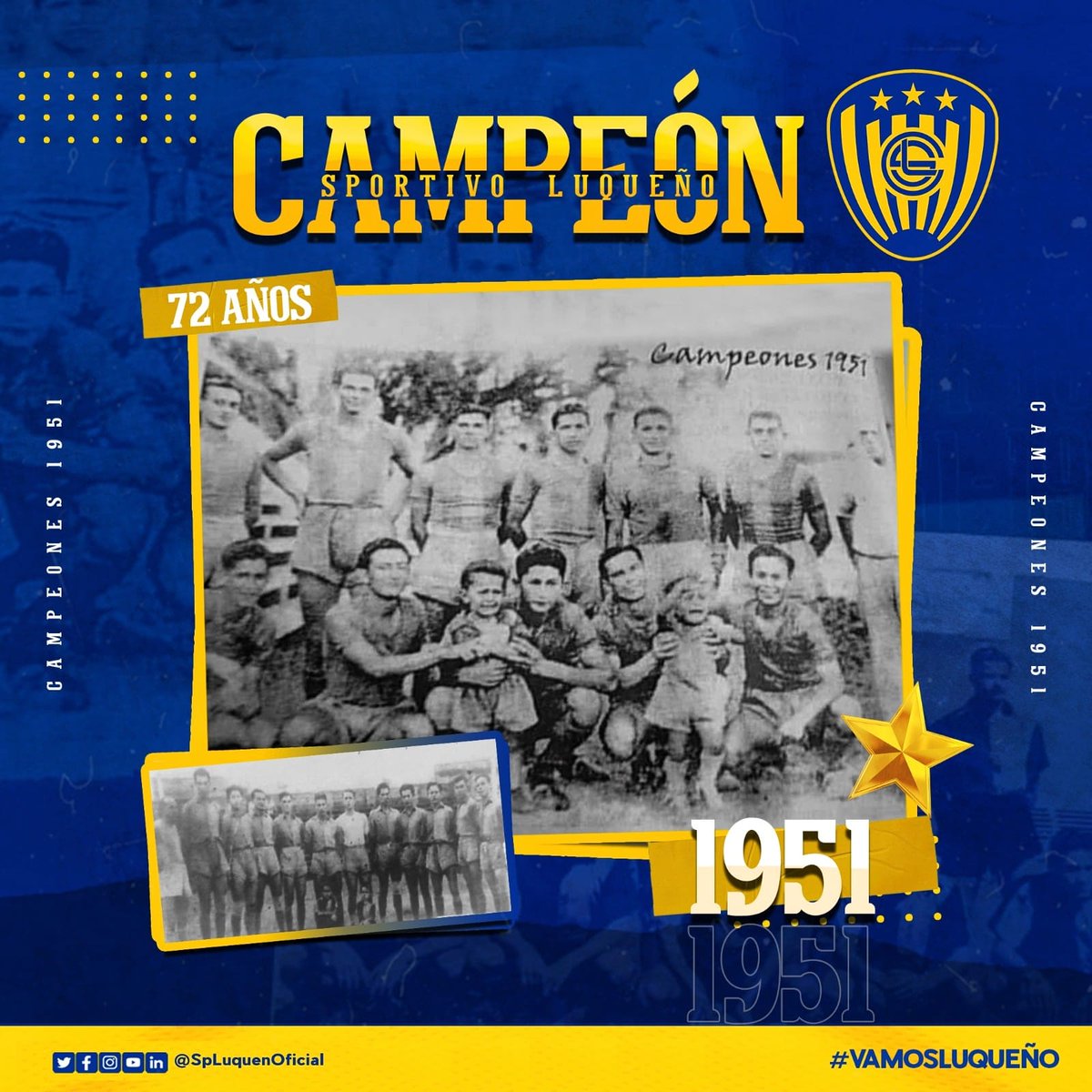 ¡Hoy recordamos con orgullo la obtención del título de campeón del fútbol paraguayo del año 1951!⭐💙💛

Hace 72 años, nuestro equipo conquistó la gloria en el campo de juego y su legado continúa emocionando a los corazones luqueños.
