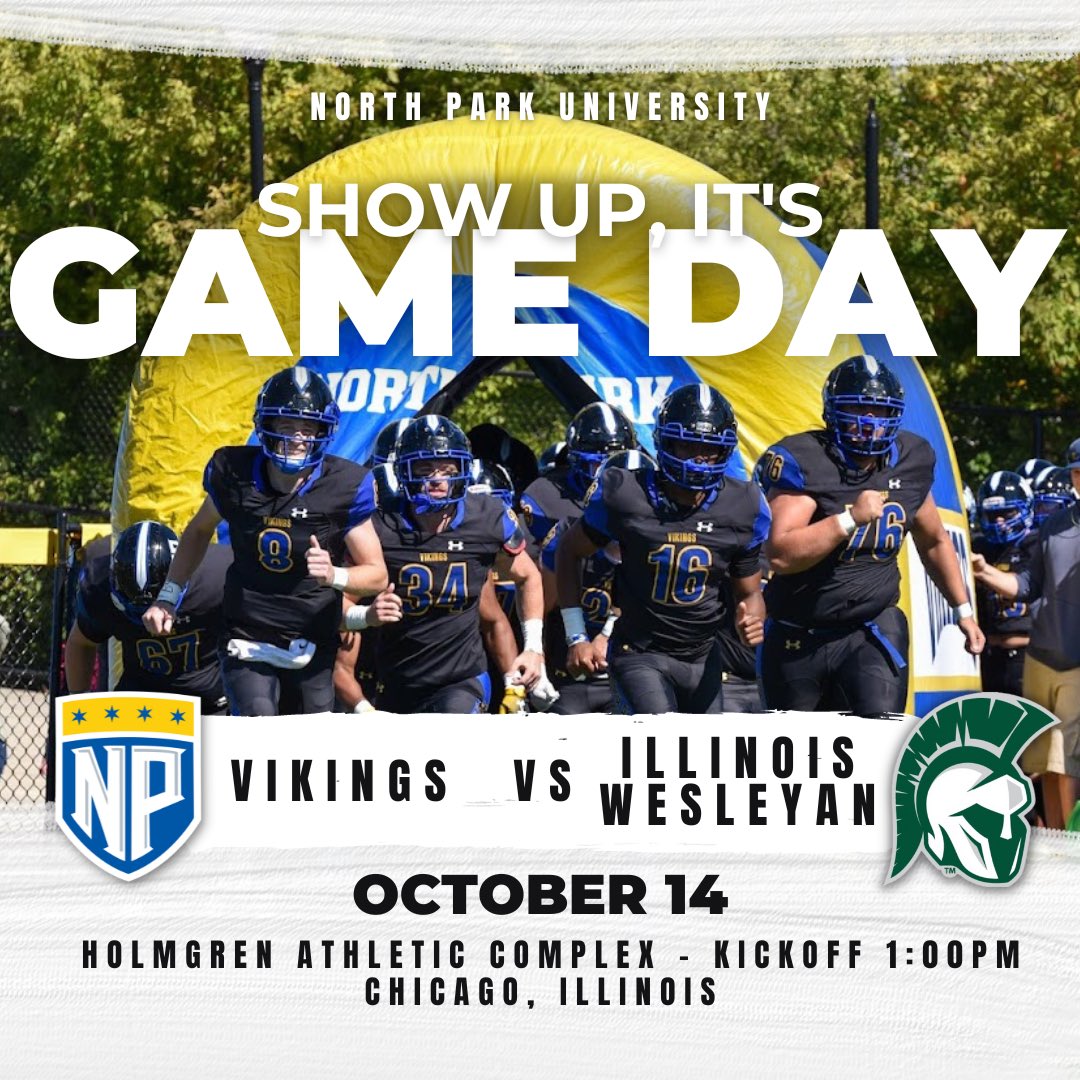 NPUFootball's tweet photo. Game 6 - SHOW UP! 

Kickoff this afternoon at 1:00pm (CST) back at home, in Chicago!

SEE. YOU. THERE.

#TheRightWay #1and0

@NPU @VikingsNPU @CoachRook https://t.co/hLVVyH7j06