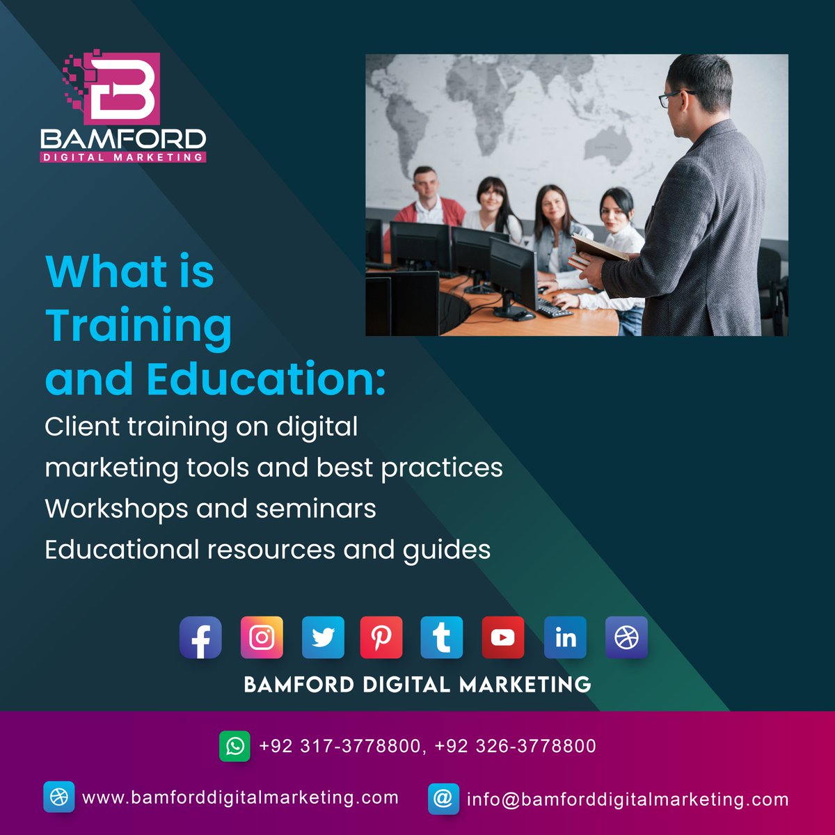 BDigitalM's tweet photo. Training and Education:
 Client training on digital marketing tools and best practices
 Workshops and seminars
 Educational resources and guides
Feel free to contact: 0317-3778800 / 0326-3778800
#bamforddigitalmarketing #socialmedia #seo #marketing #socialmediamarketing https://t.co/8beEWCxhR5