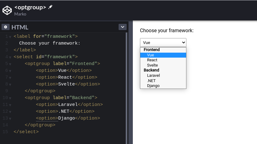 denicmarko's tweet image. HTML tip:

Use the `&amp;lt;optgroup&amp;gt;` element to create a grouping of options within a `&amp;lt;select&amp;gt;` element.