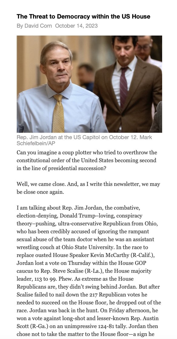 Jim Jordan, the leading GOP candidate for House speaker, was a key co-conspirator in Trump's plot to steal an election. Read the new issue of my #OurLand newsletter for all the sordid details. link.motherjones.com/public/33022855 Sign up for a FREE trial sub at davidcorn.com.
