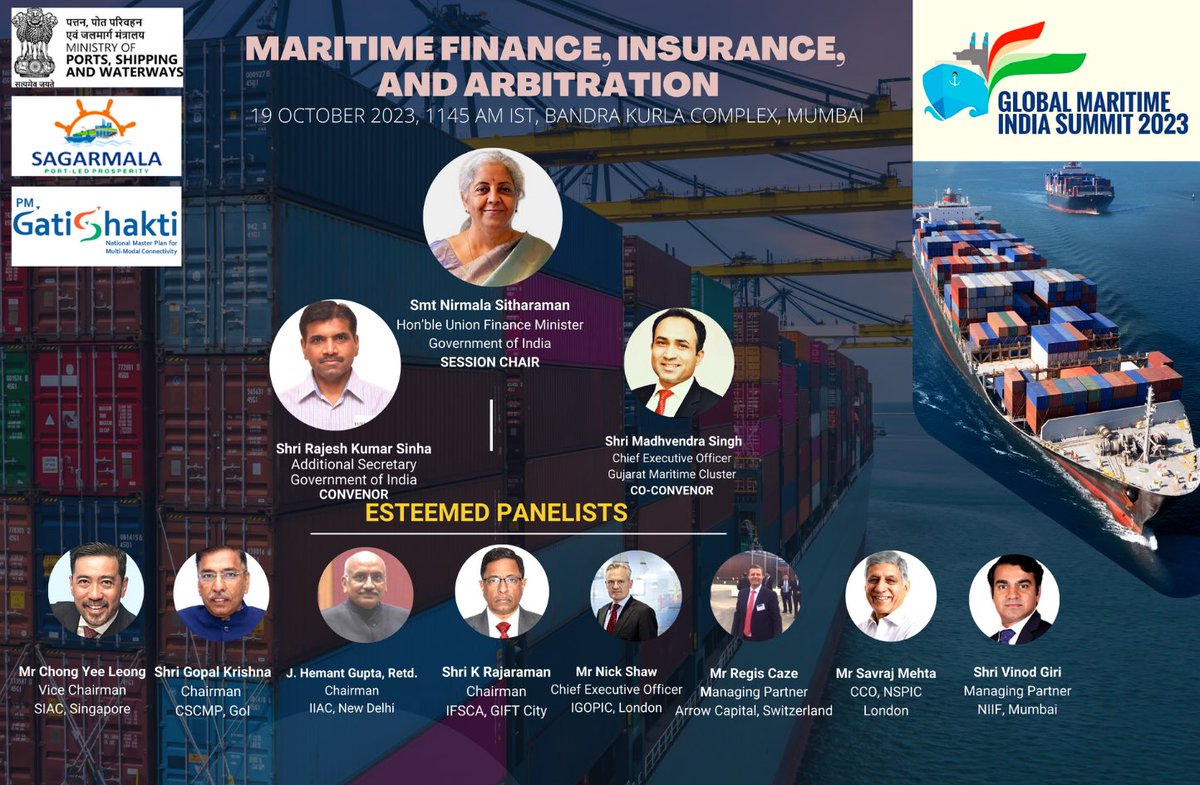 MaritimeCluster's tweet photo. A niche and interesting session on Maritime Financing, Insurance, and Arbitration during #GMIS2023
We hope you have registered for this. 
Time:12PM
Date:19 Oct 2023 
Venue: Hall 1A
@MaritimeCluster 
@shipmin_india 
@dgship_goi 
@PortsTransport 
@Ports_GMB https://t.co/ZgRxbPwL5R