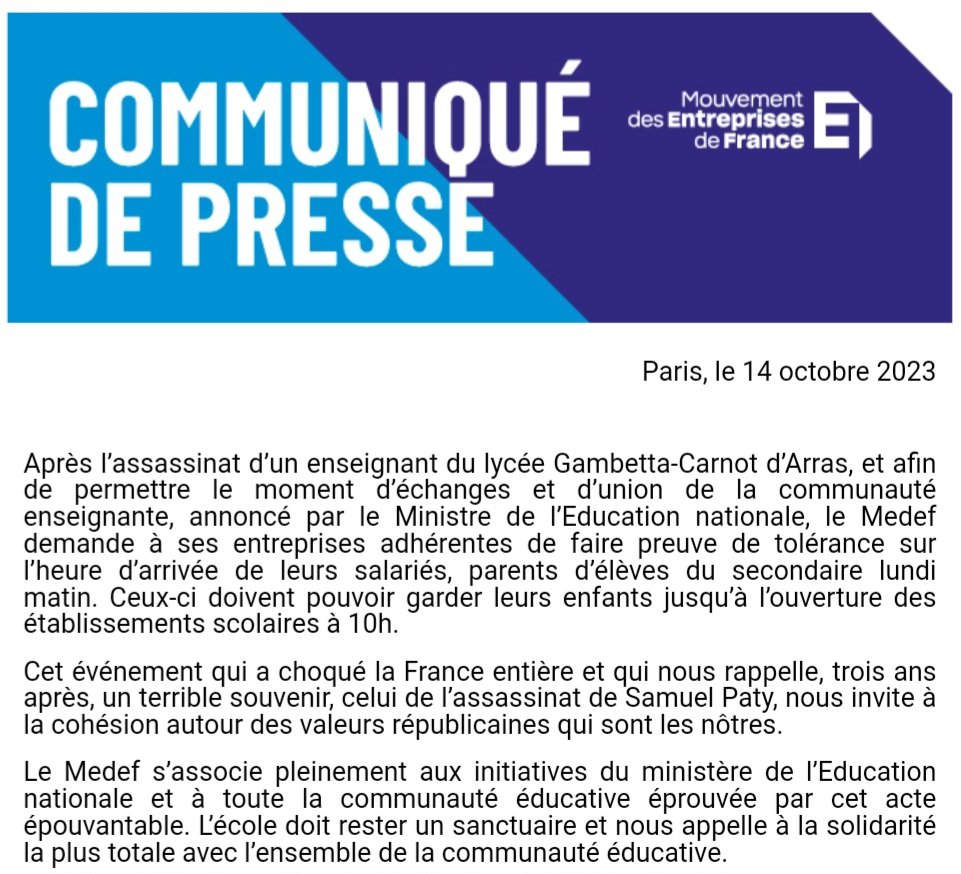 Le <a href="/medef/">Mouvement des Entreprises de France</a> s'associe pleinement aux initiatives du ministère de l'Education nationale et à toute la communauté éducative éprouvée par cet acte épouvantable. #Arras