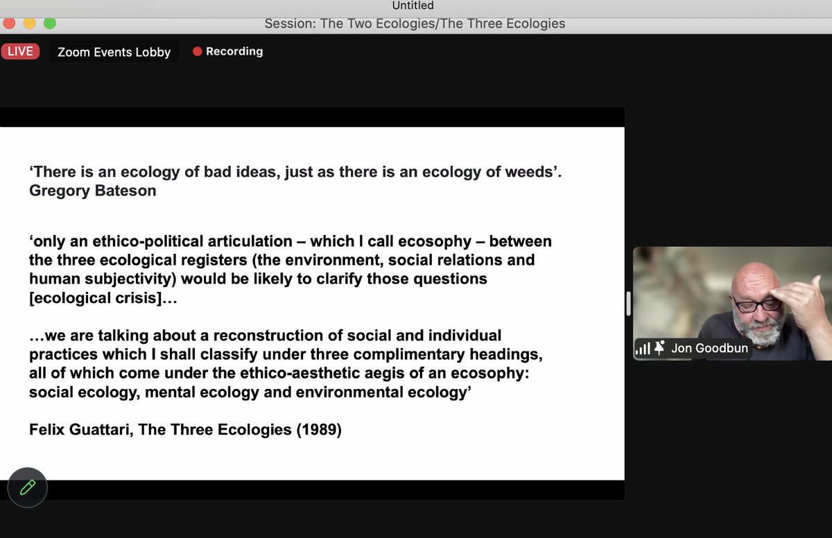 #RSD12 @jongoodbun keynote. Gregory Bateson: '...an ecology of bad ideas' (1972) Felix Guattari: 'three ecological registers (the environmental, social relations, and human subjectivity) would likely clarify those questions [ecological crisis]....' The Three Ecologies (1989)