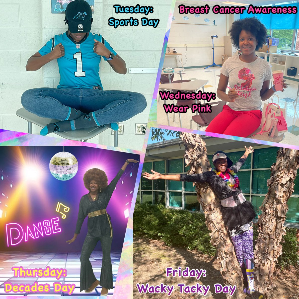 HairstonTeaches's tweet photo. That’s a wrap for #SpiritWeek! 🎉

Tues. #SportsDay @Panthers #KeepPounding
Wed. #WearPink 🩷#BreastCancerAwareness 
Thurs. #DecadesDay #70s 🪩
Fri. - #WackyTacky 🤪 #FridayThe13th

#MrsHairstonsWeekInReview 👩🏾‍🏫🍎
#InCaseYouMissedIt 👀 https://t.co/AKbdTt8qgh
