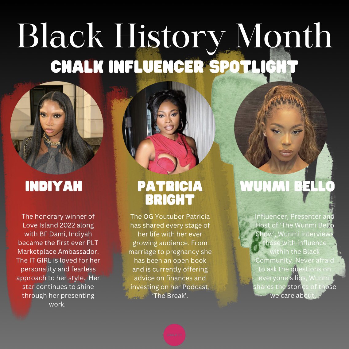 📢 IT’S BLACK HISTORY MONTH 📢
Here at Chalk PR we have decided to shine a spotlight on those we feel deserve some recognition. 
We have chosen SIX of our favourite content creators that we. 
#blackhistorymonth #influencers #blackinfluencers #blackgirlmagic