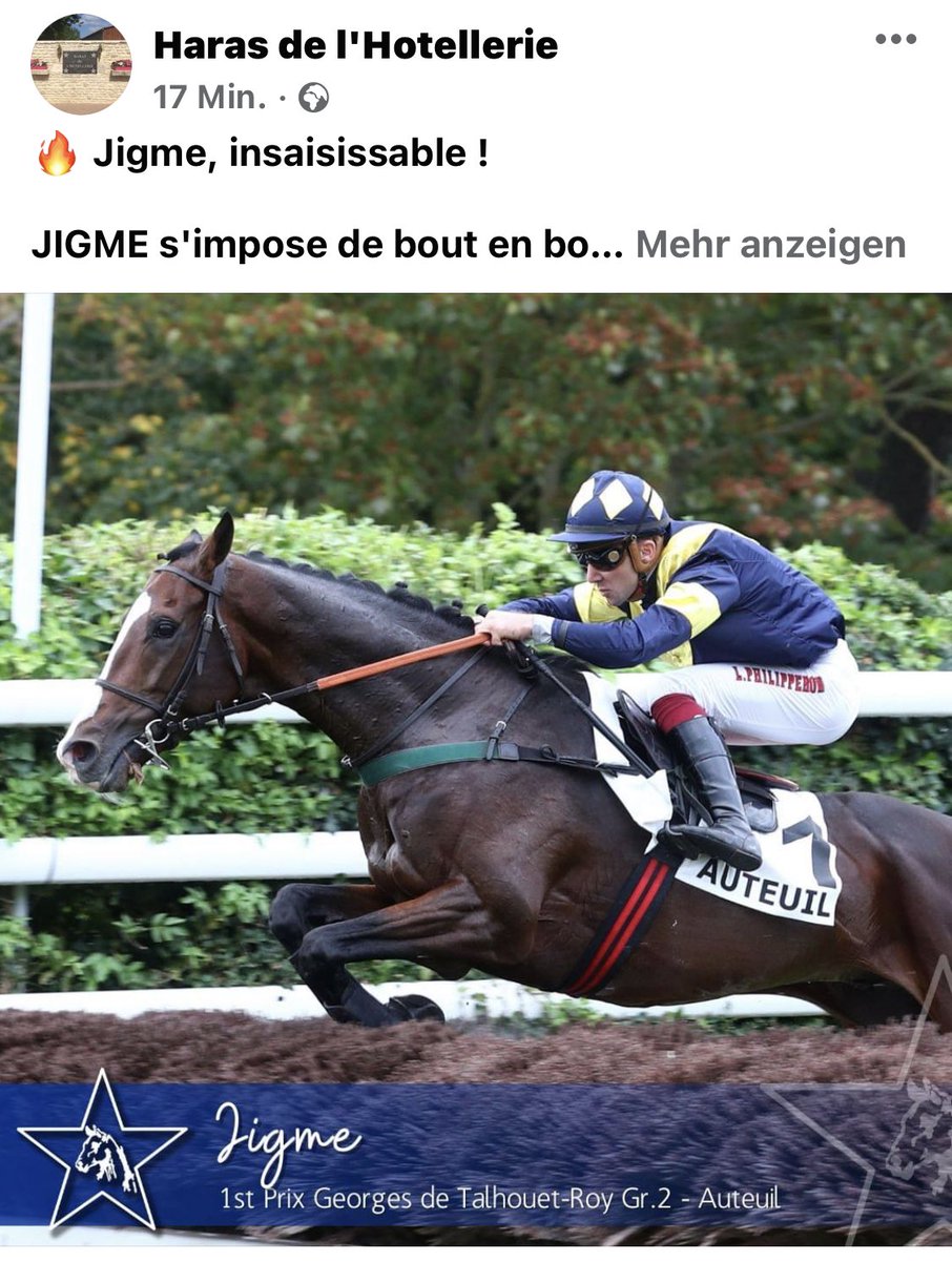 harasduhoguenet's tweet photo. #Hotellerie @harasduhoguenet 

🔥 Jigme, uncatchable ! 

JIGME made all to win the Prix Georges de Talhouet-Roy Gr.2 at Auteuil, a track where he already records 3 successes ! 

This 3yo son of Motivator was bred on the grounds of Hotellerie for his breeder Yeguada Centurion. https://t.co/88Z9UNWpPj
