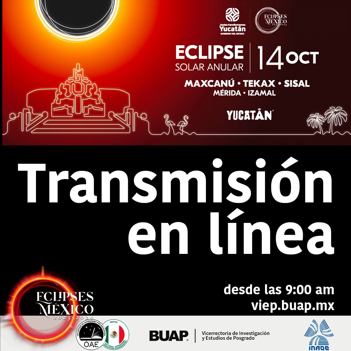 viepbuap's tweet photo. ☀️ Tenemos eclipse anular de sol y desde esta vicerrectoría transmitiremos junto con 11 estudiantes de la @BUAPoficial desde Yucatán.
Tomen sus precauciones para ver este fenómeno natural o sigan la transmisión en vivo en https://t.co/H8j1ZygOrk
#VIEPBUAP #Eclipse2023 https://t.co/3Z3m9c7PNS