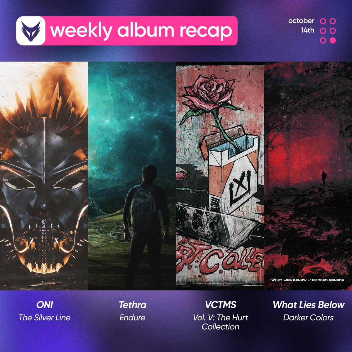 FOXCOREisdead's tweet photo. // Weekly album recap, Pt. VI: October 14th

@_oniofficial — The Silver Line
#Tethra — Endure - EP
@VCTMSIL — Vol. V: The Hurt Collection
@whatliesbelowpa — Darker Colors - EP https://t.co/DiiUHgU57L