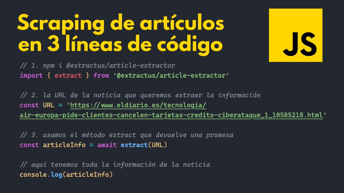 midudev's tweet photo. ¿Quieres hacer scraping de artículos en Node?
Extrae toda su información en 3 líneas de código: https://t.co/p6gpzJcTcA