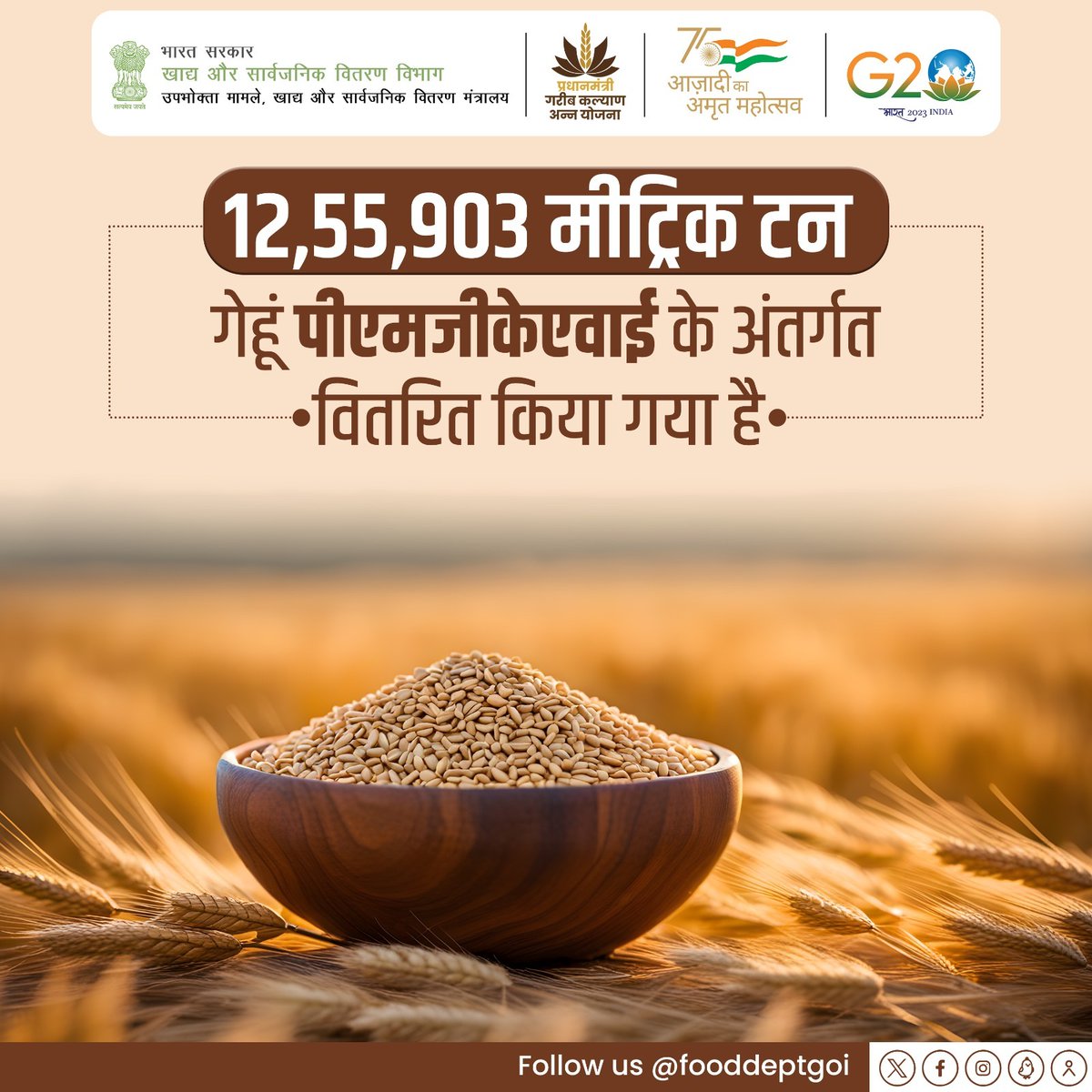fooddeptgoi's tweet image. हमारे लाखों साथी नागरिकों के लिए खाद्य सुरक्षा और पोषण सुनिश्चित करते हुए, #PMGKAY के अंतर्गत,12, 55, 903 मीट्रिक टन गेहूं वितरित किया गया है। साथ मिलकर, हम एक मजबूत और अधिक लचीले भारत का निर्माण कर रहे हैं। 

#FoodForAll #ProgressUpdate