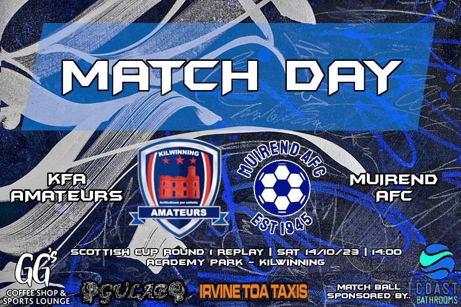 ⚽️ Game Day ⚽️

Today we're back at home playing a Scottish Cup 1st round replay against <a href="/muirendafc/">娴娴是猪</a> 

🆚 | Muirend Afc
🏆 | Scottish Cup 1st Round Replay
🕑 | 2:00pm Kick-Off
📍 | Academy Park, Kilwinning

Come down and support the team 👏

#GameDay