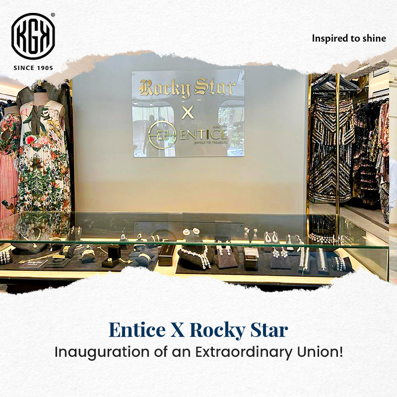 kgk_group's tweet photo. We're elated to present glimpses of the successful inauguration of #Entice, from the House of #KGK with the globally renowned name – Rocky Star, for a timeless fusion of contemporary luxury and eternal elegance. #KGKGroup #RockyStar #EnticeByKGK #HouseofKGK https://t.co/bxzGOP2VI6