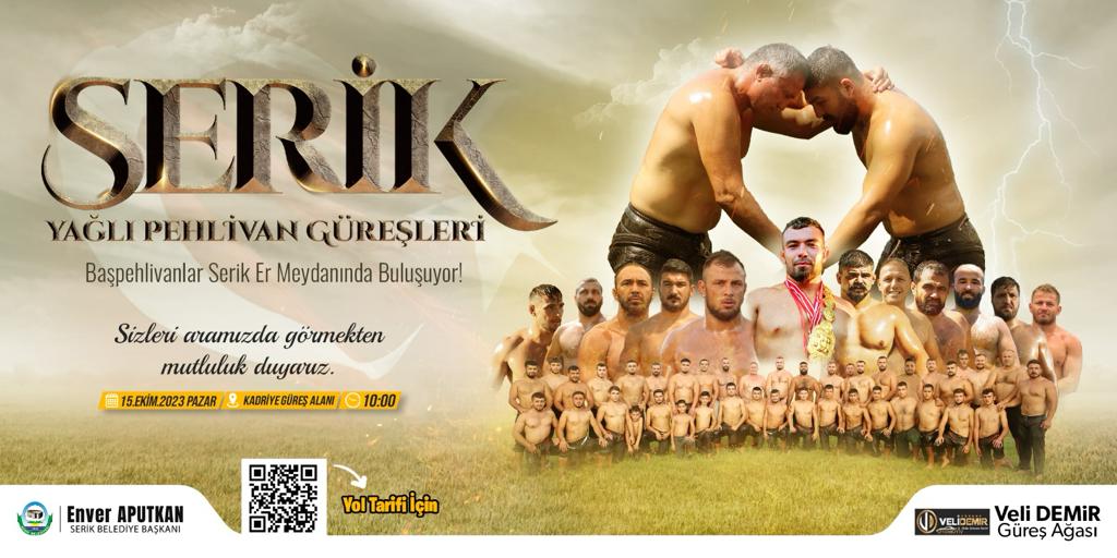 Pehlivanlar Serik er meydanında buluşuyor.

🗓️ 15 Ekim 2023 Pazar 
📍 Kadriye Güreş Alanı 
 ⏰ 10:00 

 Tüm Halkımız Davetlidir.