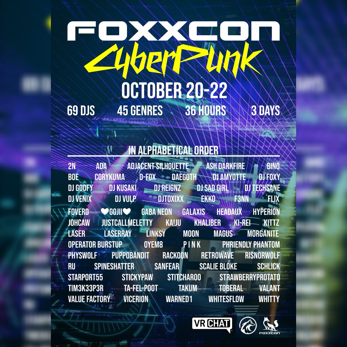 Burstup's tweet image. 69 DJs! 3 days! I will do a back-to-back set with the amazing DJ Kittz @kittiah. October 20-22. #GlitchHop #HipHop #Funk #VR #furry #VRChat @vrchat #foxxcon @waterwolftown #electronicmusic