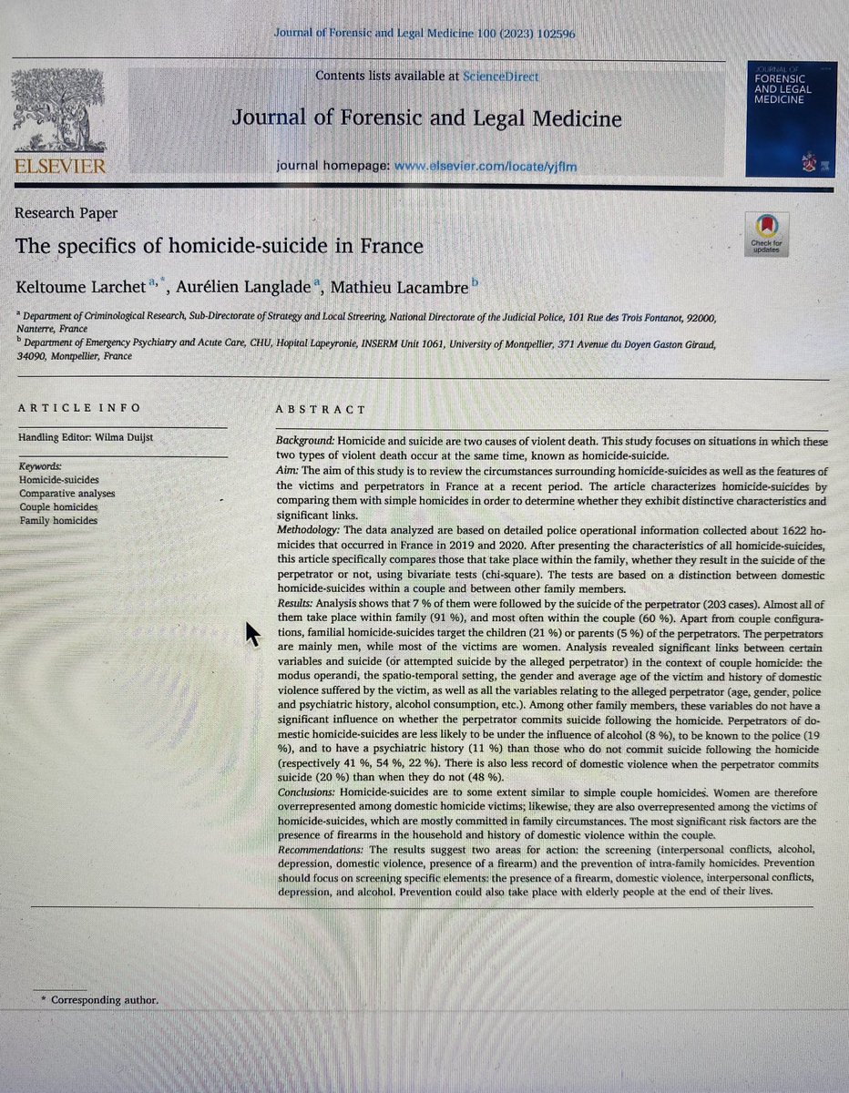 We are pleased and proud to share this original work. A look at homicide-suicide in France to explore new suicidal behaviors. A milestone for egocide @GuillaumeVaiva @acadmed @societecrimino @GPtoEndViolence @ForensicPsychIn @APApsychiatric @cspyyc @PapagenoSuicide @ondrp