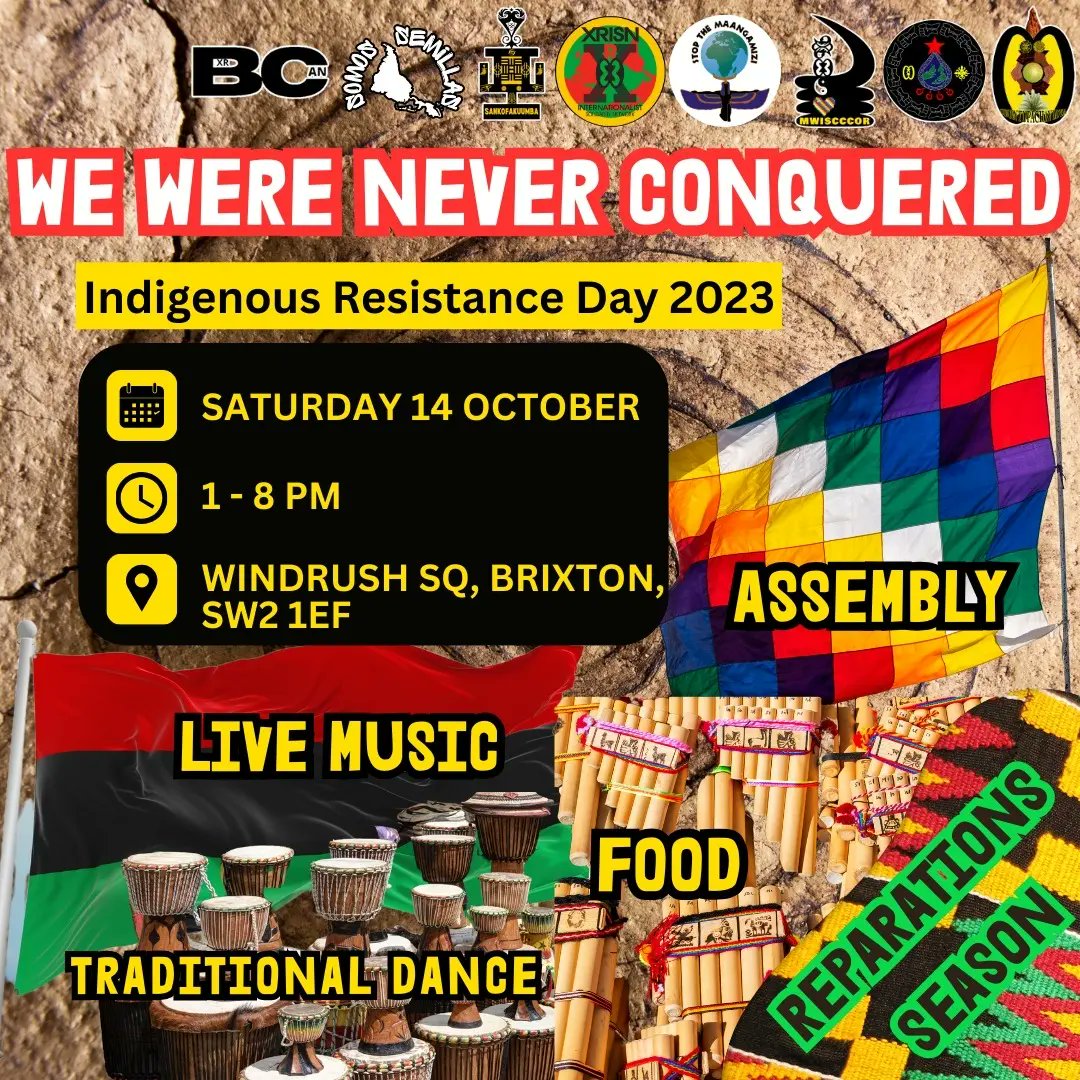 #IndigenousResistanceDay 

Will you join in?

#PlanetRepairs
#AbyaYalaResiste
#12deOctubreFueGenocidio
#DefendAfrikanReparations
#Decolonise