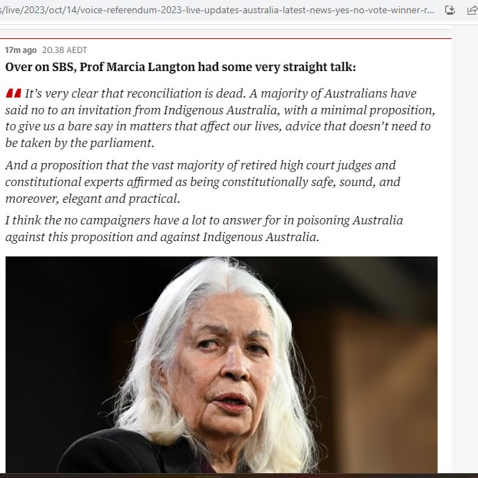 #MarciaLangton trying to make the result about racism towards Indigenous Australia. Nah Marcia its because of you elitist inner city mob and your lies, guilt tripping, manipulation, name calling, and outright deception. In trying to play Australia - you played yourself.