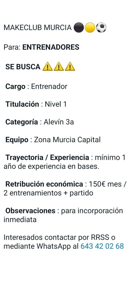 SE BUSCA 🚨🚨🚨
ENTRENADOR PARA BASES
🟡⚫⚽
Interesados MD y WhatsApp