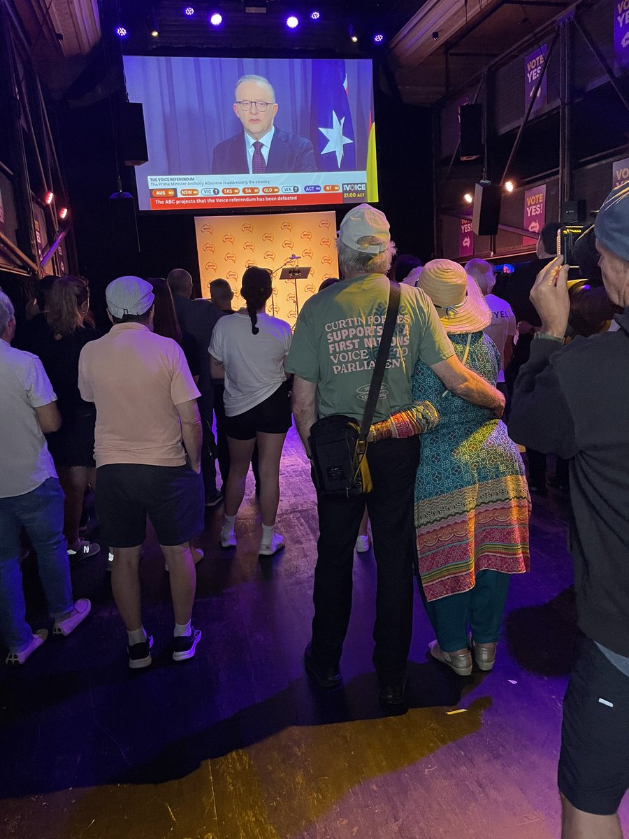 Polls have only just closed in WA, the PM is already speaking at 6.10pm local time.

Scenes from the Yes23 WA campaign HQ are sombre despite no local ballots being counted