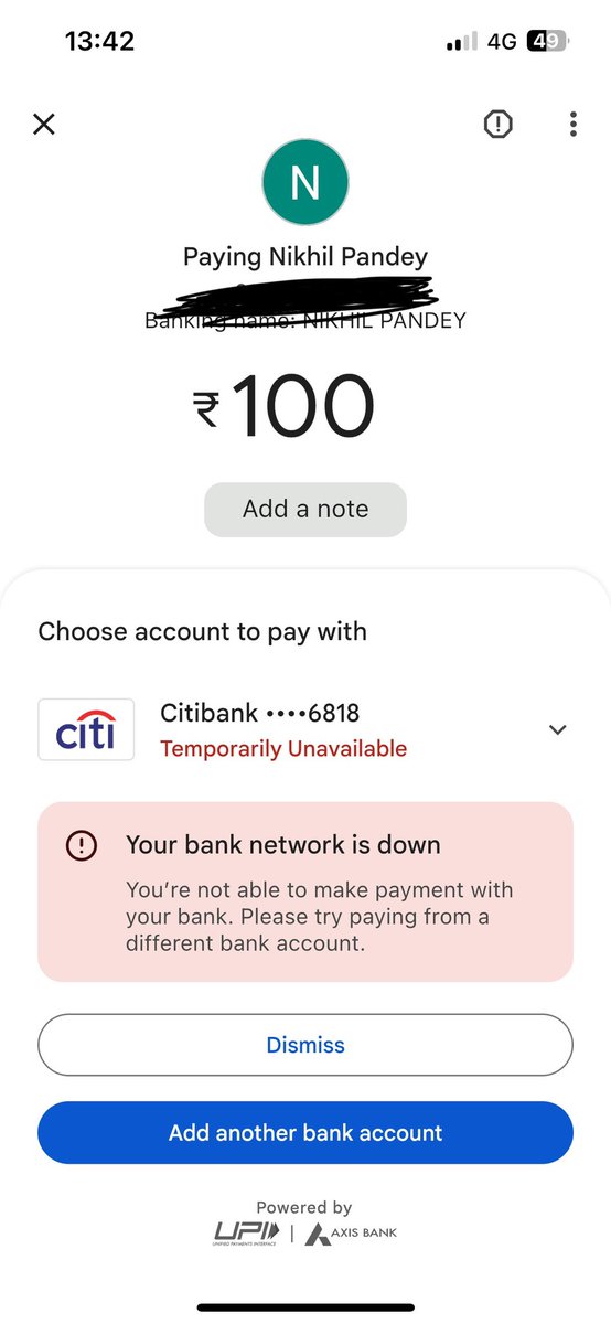 the_blue_green's tweet photo. @axis_bank_tem Why don’t you confirm if your services are running or not. Also the helpline number which you have shared is not reachable. @Citibank #citibankdown #Axisbankdown https://t.co/kWgFTgVp21