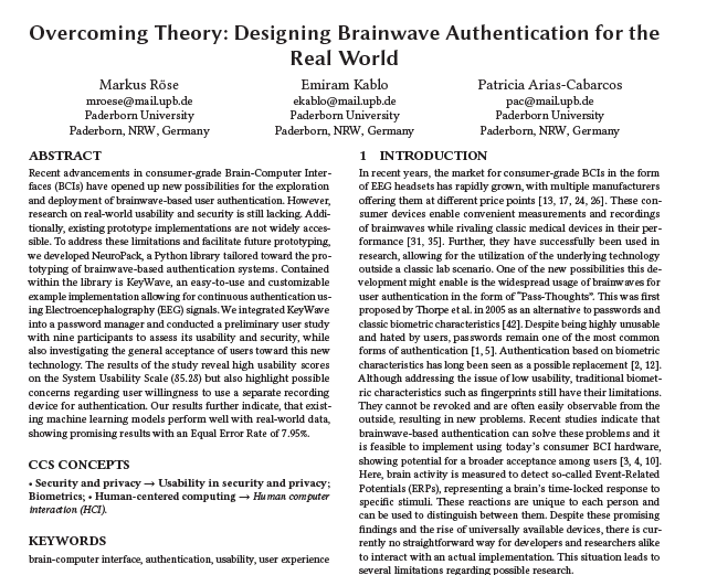 HitsResearch's tweet photo. 📢 Markus Röse's master thesis work at our group will be part of #EuroUSEC2023 🥳(joint paper with @emikablo @patriariasC) It researches practical deployment of brainwave #biometrics and the code, including a brain-based authentication prototype, is open➡️https://t.co/4k0LQgqhZn https://t.co/1taI13lZm3
