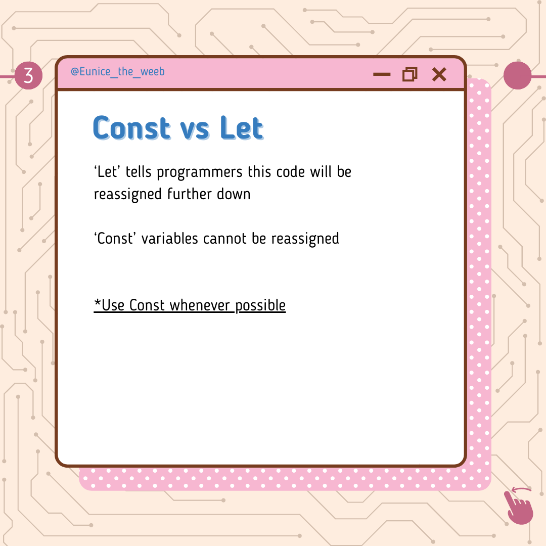 Eunice_the_Weeb's tweet image. Explains what this "Const" is & why I keep seeing it in JS posts & videos.
#webdevelopment #webdeveloperslife #webdesigns #codingdays #frontenddev #frontend #javascript